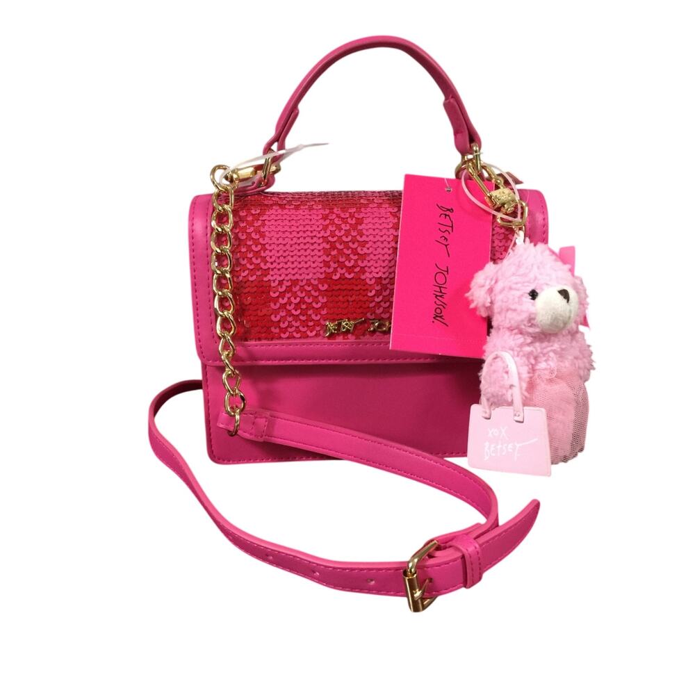 Betsey Johnson XOMYLO 2 Teddy Bear Charm Crossbody Bag Pink Sequin NWT - Picture 4 of 14